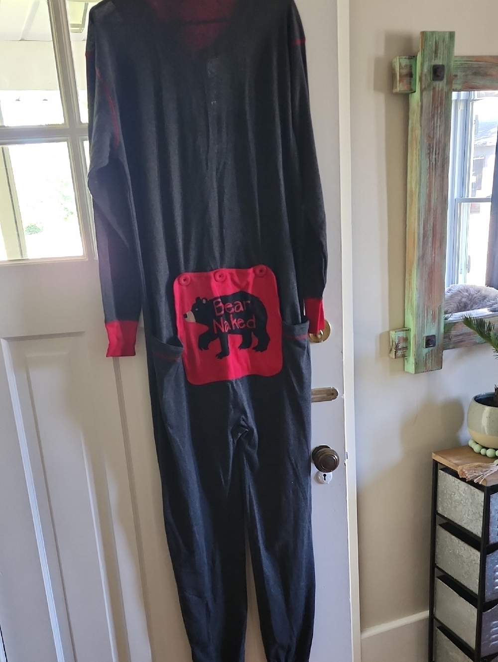 Hatley Charcoal Grey One-Piece Pajama Jumpsuit with Red Trim - Picture 3 of 3